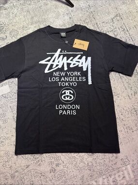 Stussy Black Tee with White Cities Logo